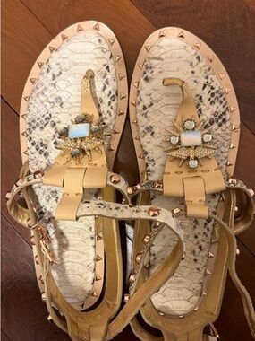 Ivy Kirzhner Tan Jeweled Snake-Print Thong Sandals